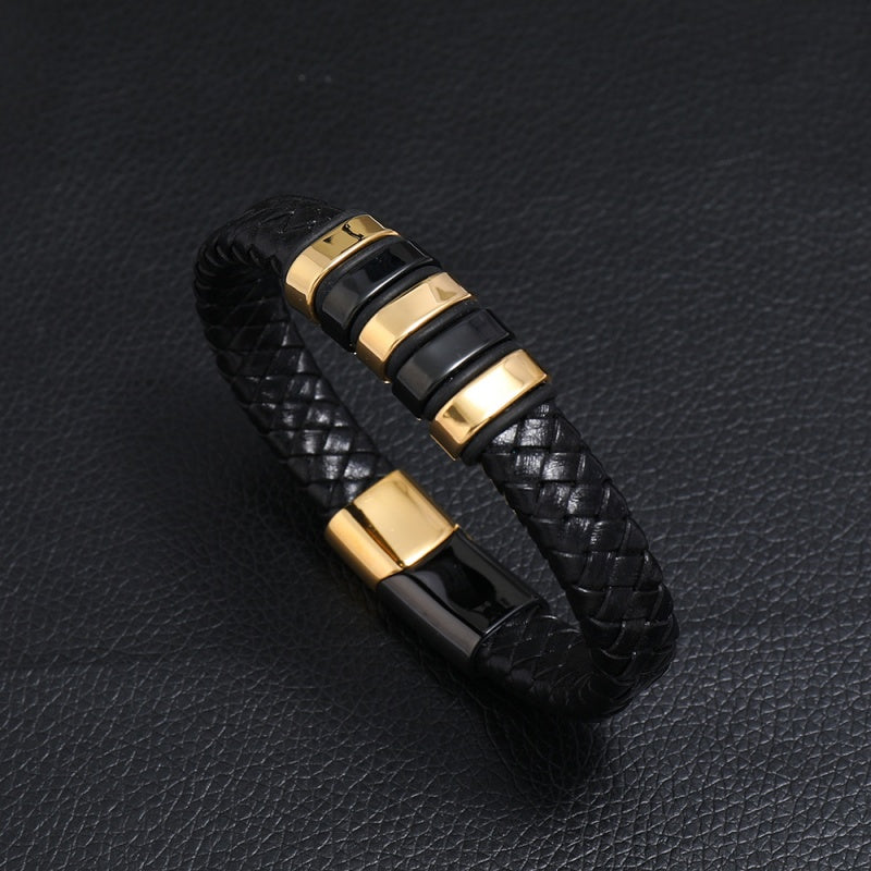 Mens Magnetic Braided Wristband Leather Rope Bracelet Bangle Wrap Black 22 cm