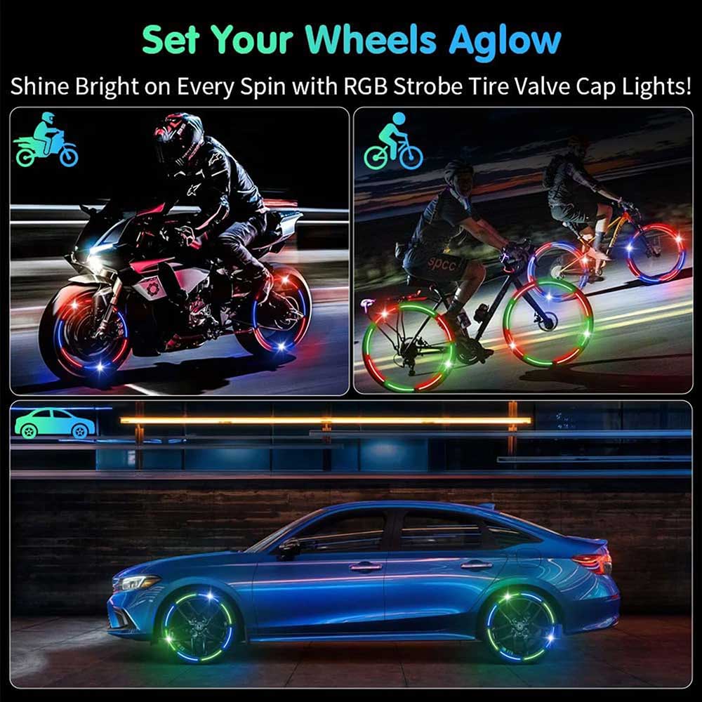 4-Pack LED Tire Valve Stem Cap Lights - Vibration-Activated Strobe Flash for Car, Truck, Motorcycle Wheels