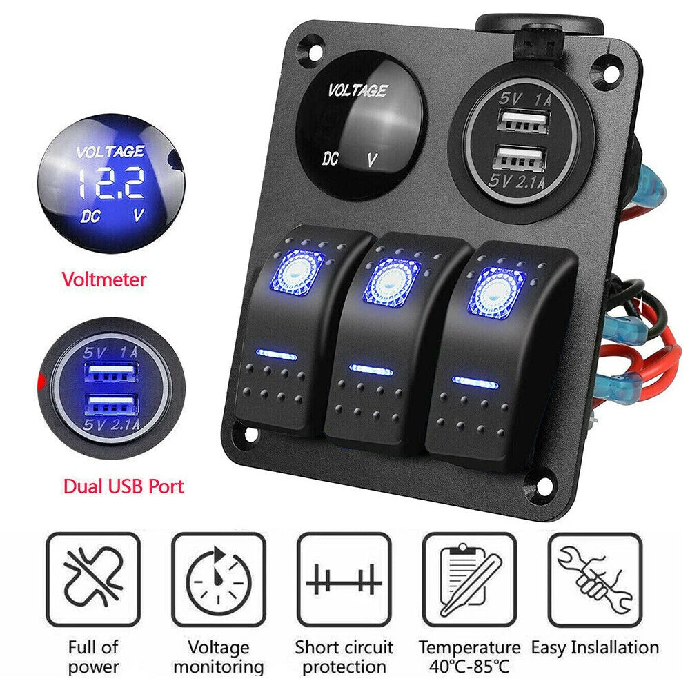 3 Gang 12V/24V LED Light Switch Control Panel USB Charger Car Boat RV Waterproof