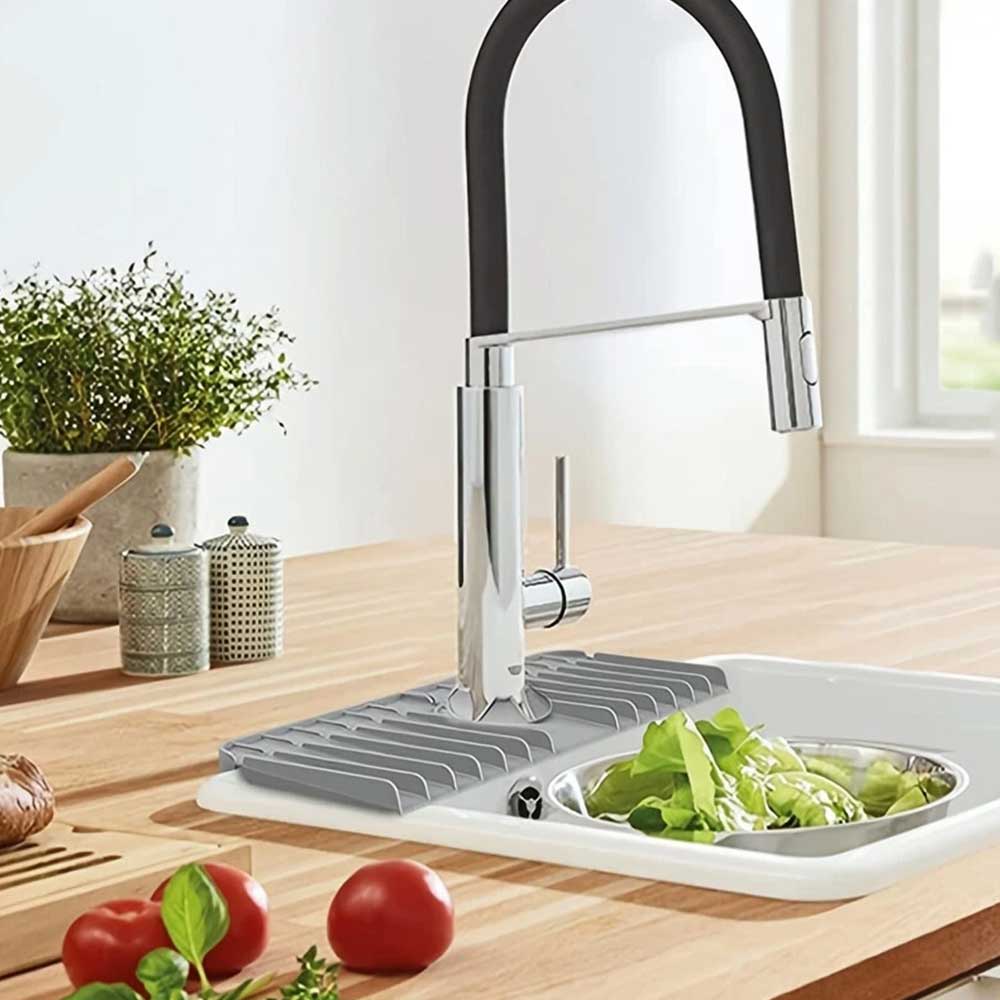 Silicone Faucet Mat - Universal Kitchen & Bathroom Sink Splash Guard with Drainage Design