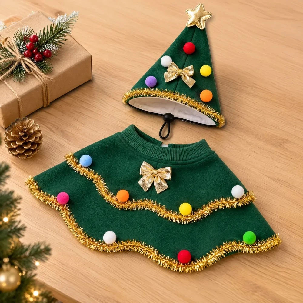 Christmas Tree Pet Cape – Festive Dog & Cat Costume with Pom-Pom Hat