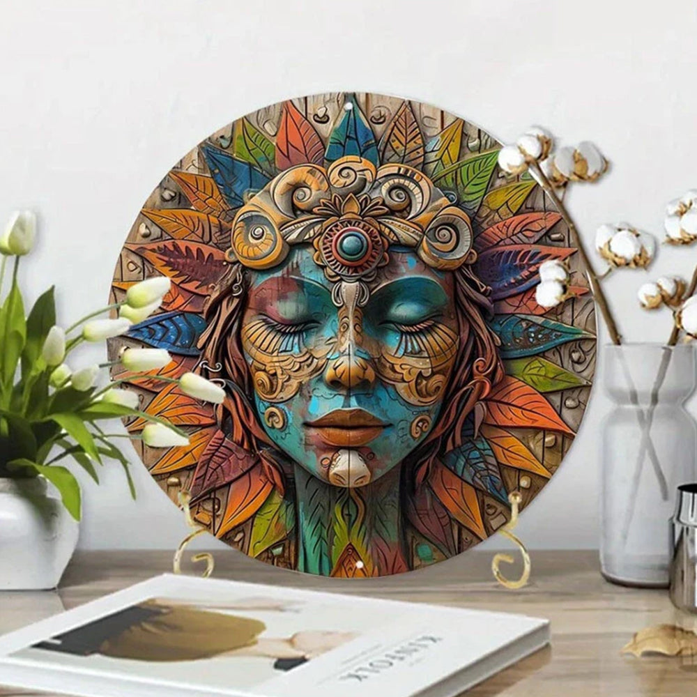 Circular Wooden Wall Art - Garden Decor, Boho Wall Hanging, Nature Goddess Design, 20cm