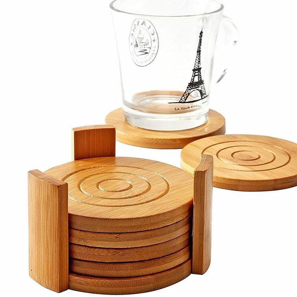 6 Natural Bamboo Drink Coasters Set - Round Tea Coffee Cup Mat Holder