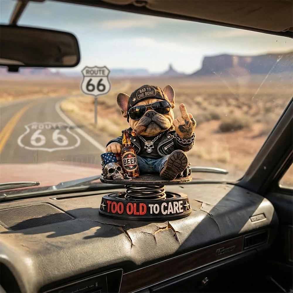 “Too Old To Care” Dashboard Bobblehead – Funny Resin Bulldog Nodding Head Dog