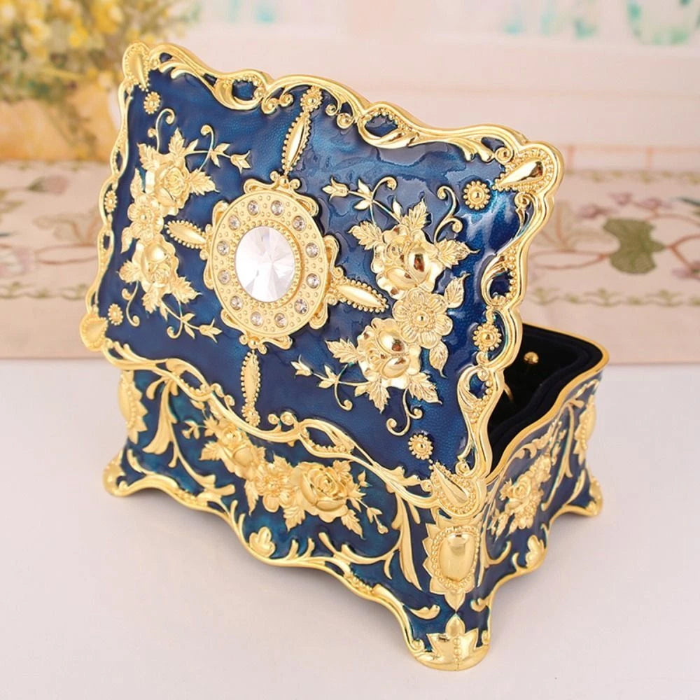 Jewellery Storage Box – Retro Alloy Organiser, Ring Necklace Case Blue