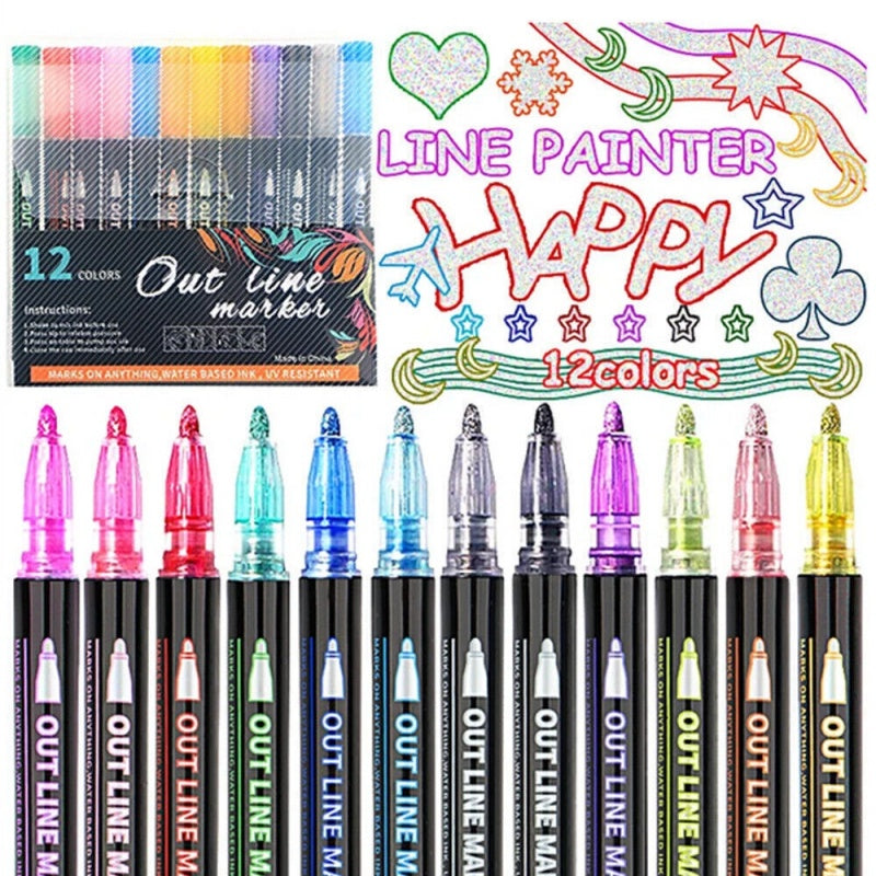 12 Colors Drawing Double Line Outline Pen Highlighter Marker Pens For School