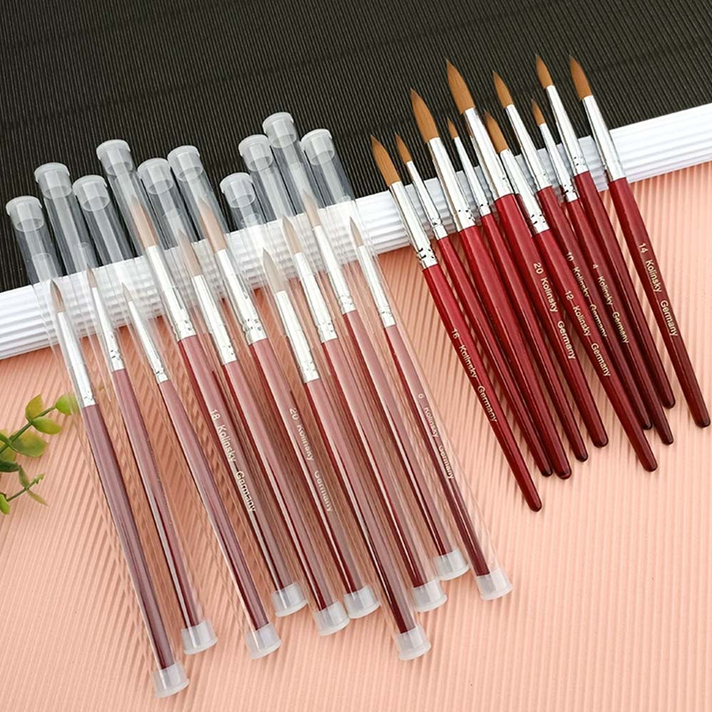 9PCS Acrylic Nail Brush Set Kolinsky Sable Hair - Liquid Powder Crystal Pink Metal Handle