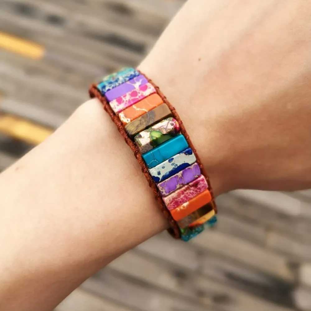 7 Chakra Bracelet Handmade Natural Stone Tube Beads Leather Wrap Women Bangle