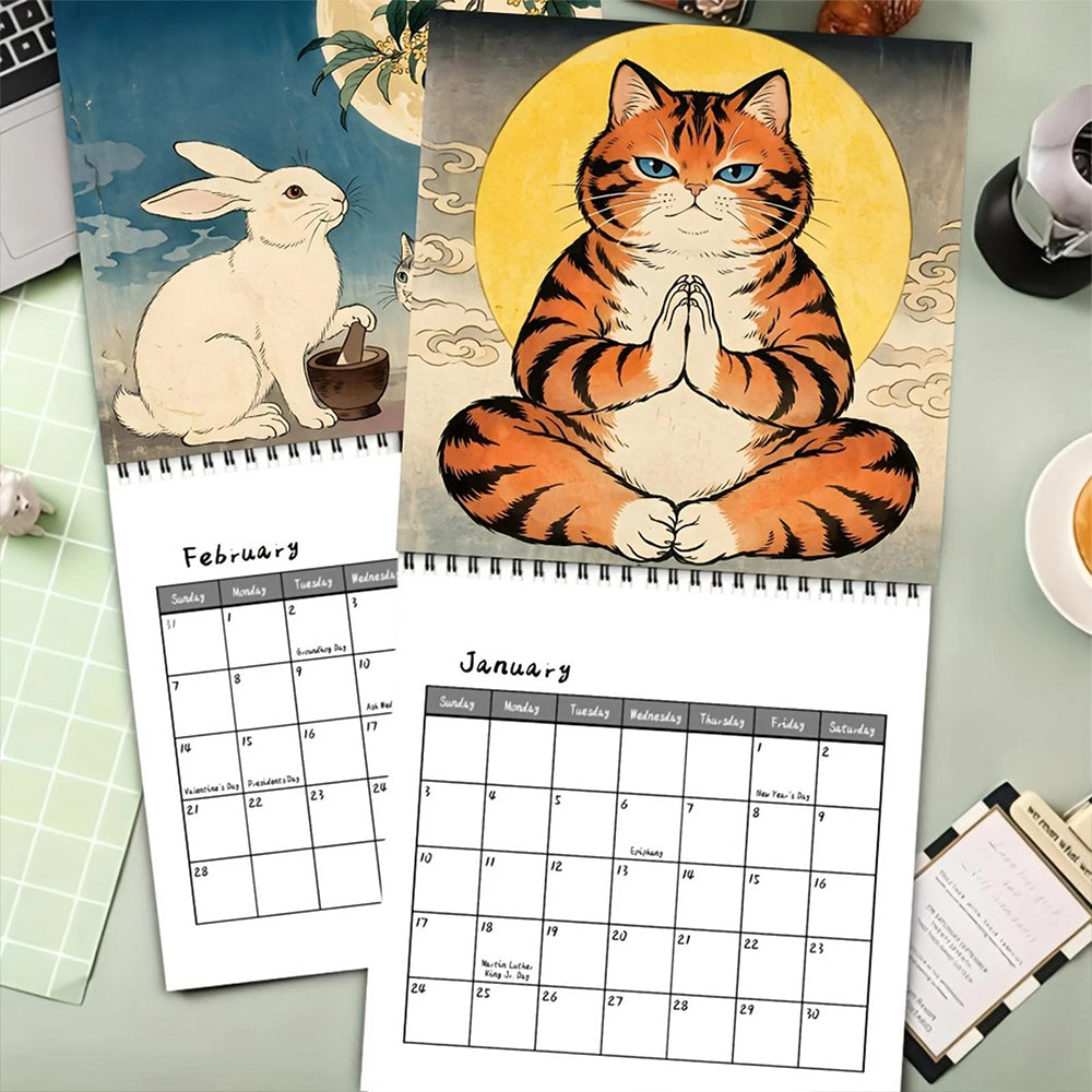 Cat 2027 Wall Calendar – Japanese Retro Cat Month-to-View Hanging Calendar