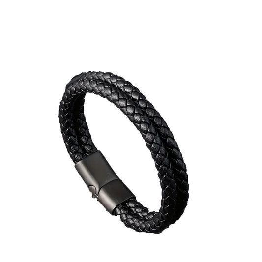 Mens Leather Braided Wristband Bracelet Stainless Steel Magnetic 6mm Black 21CM