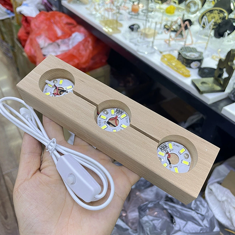 Wooden LED Crystal Holder - Light Up Display Stand with 3 White Lights
