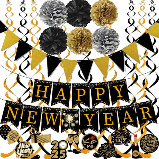 New Years Eve Decorations 2025, 18Pcs Black Gold HAPPY NEW YEAR Party Banner Set