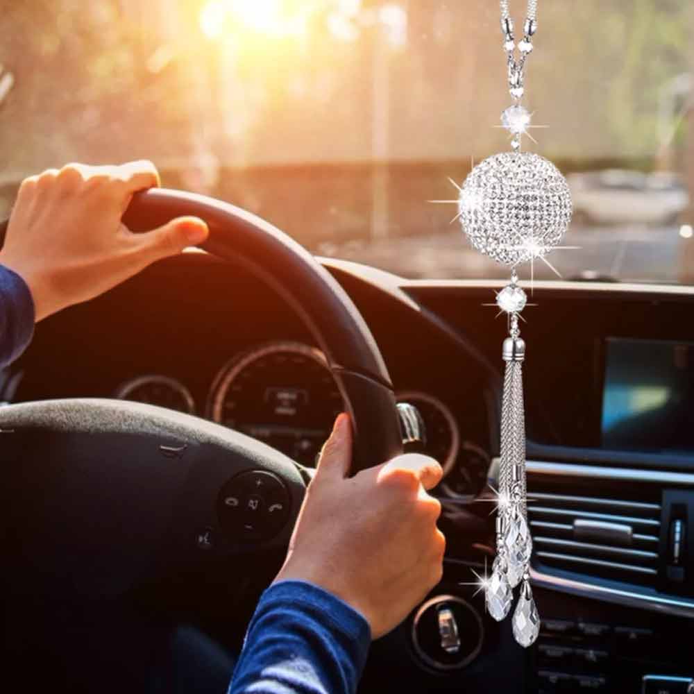 White Crystal Disco Ball Charm Hanging Ornament Car Rear View Mirror Pendant