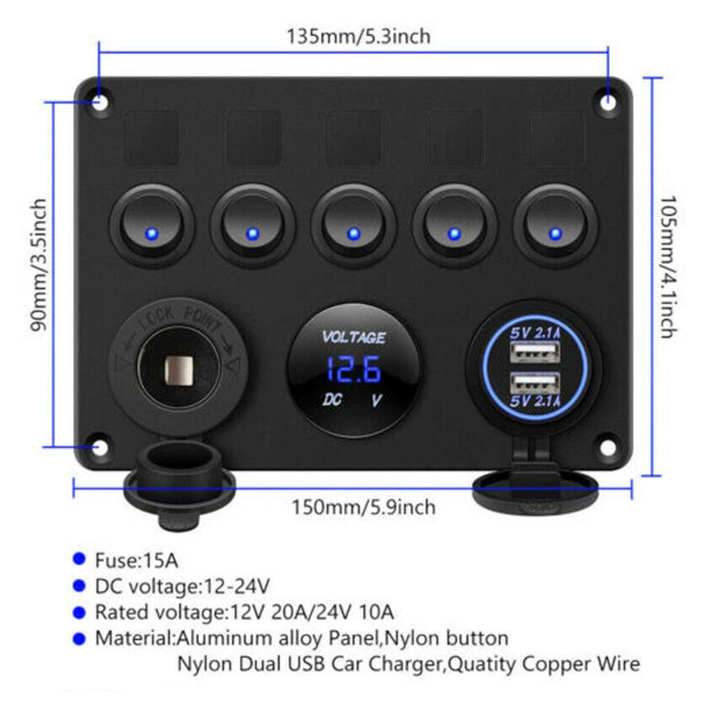 5 Gang Campervan RV 12V LED Light Switch Control Panel Voltmeter USB Charger