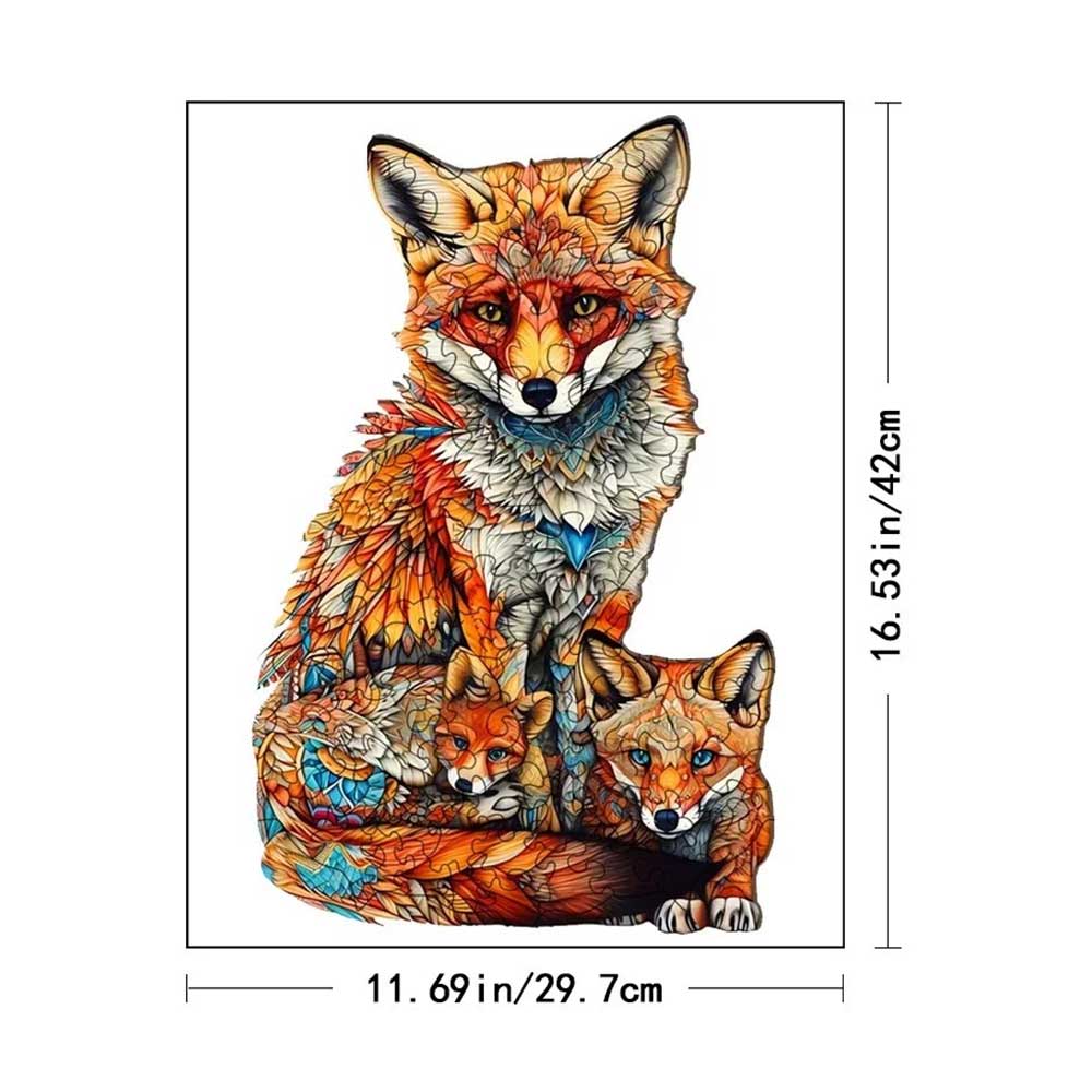 Cozy Fox Family Wooden Jigsaw Puzzle – Creative Animal-Shaped Puzzle Gift for All Ages