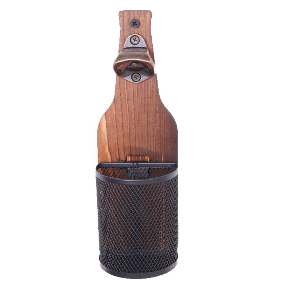 Wall-Mounted Beer Opener – Bottle Cap Catcher for Kitchen Bar, Wooden Design