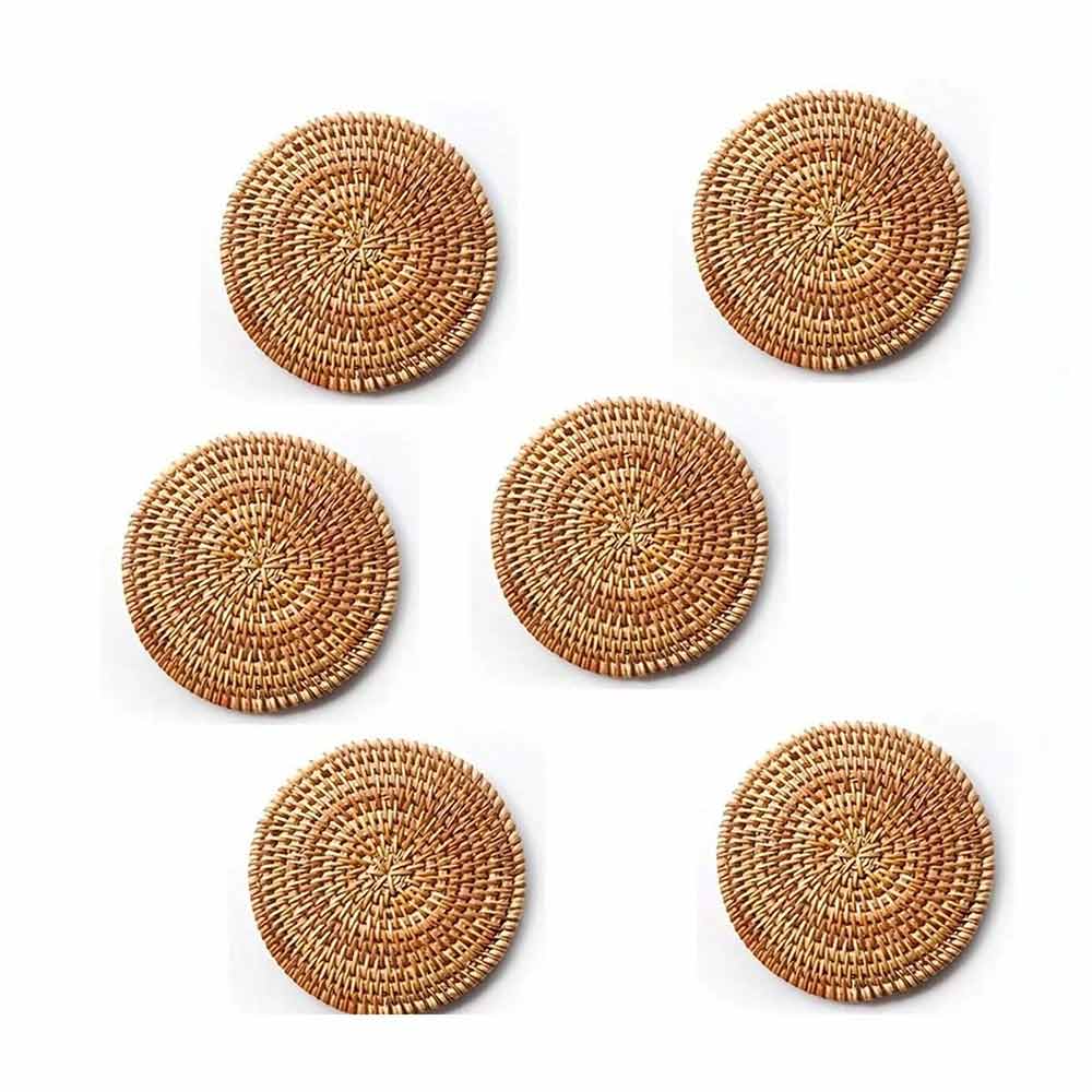 6-Piece Rattan Coaster Set with Base – Heat Resistant Cup Mats, Autumn Design