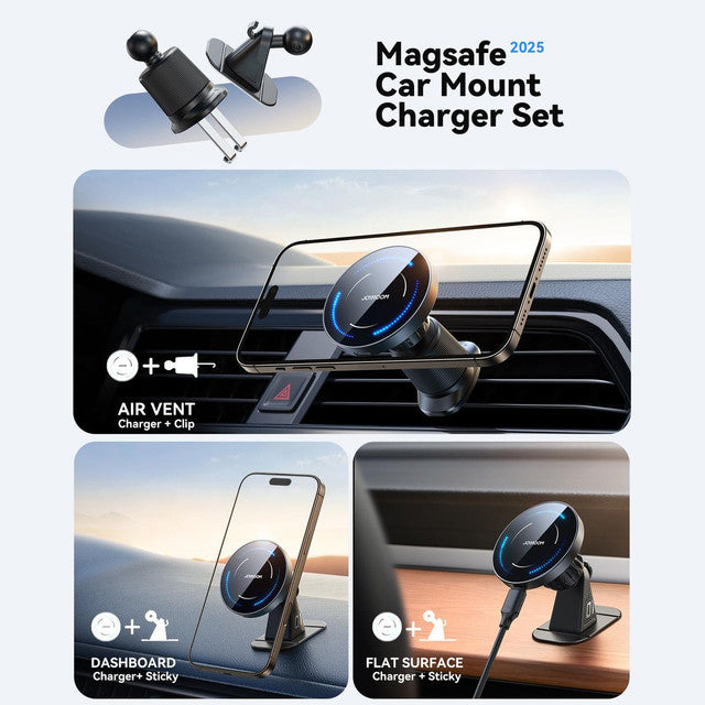 2 in 1 15W Magnetic Wireless Car Charger Mount for Mag-Safe, Air Vent & Dashboard Dual Installation