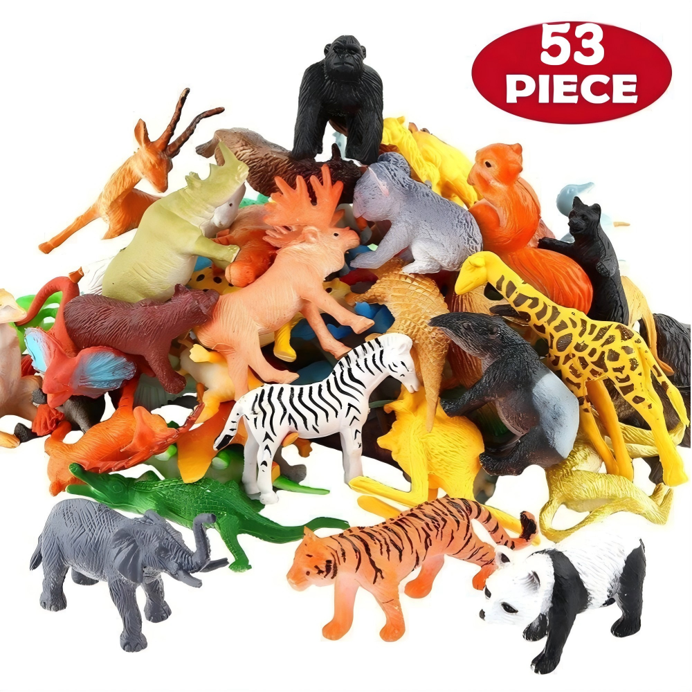 53pc Jungle Animal Figures Set - Mini Wild Zoo Toys with Fence & Trees