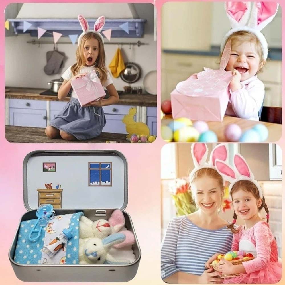 2 Bunnies in Tin Box - Easter Pocket Bunny Hug Plush Toys Ornament for Boys & Girls