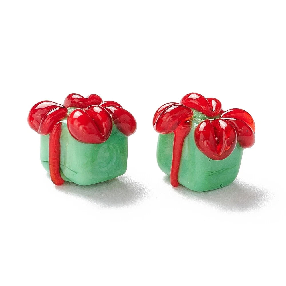 10PCS Christmas Beads – Green Gift Box Lampwork Glass Beads for Jewellery DIY