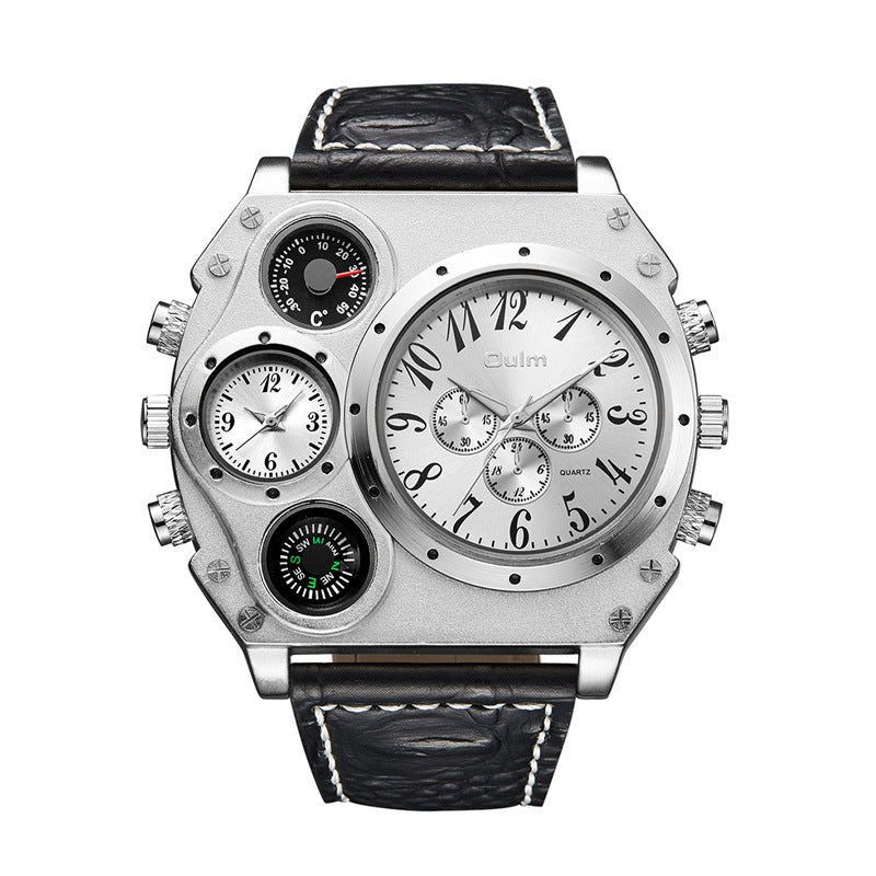 Men Army Sports Fashion Two Time Zones Big Dial Leather Strap Quartz Wrist Watch