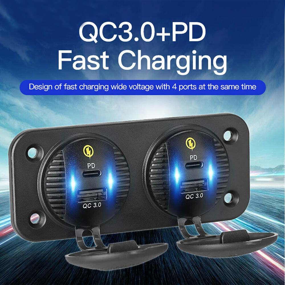 12-24V Car Charger Adapter Mount Panel 2x QC 3.0 + 2x PD Fast Dual Type-CUSB