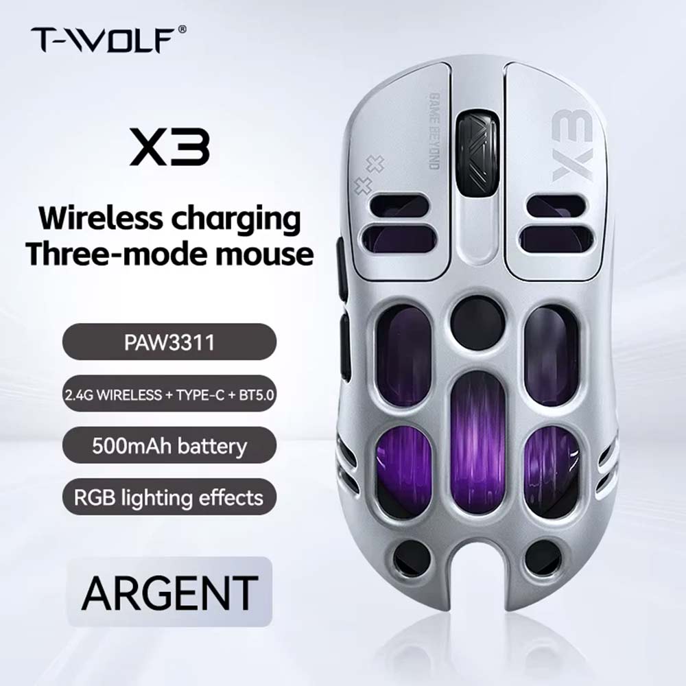 RGB Gaming Mouse TWOLF X3 - PAW3311 12000 DPI, Tri-Mode Wireless/Wired, 500mAh