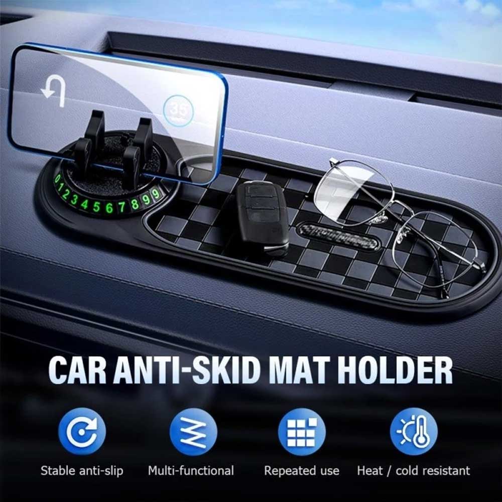 Universal Car Dashboard Anti-Slip Mat with 360° Rotatable Phone Holder & Built-in Parking Number Plate