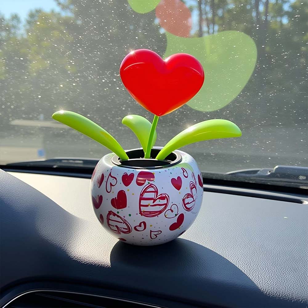 Red Solar Dancing Flower - Heart Swing Figurine Car Decor Toy, Solar Powered