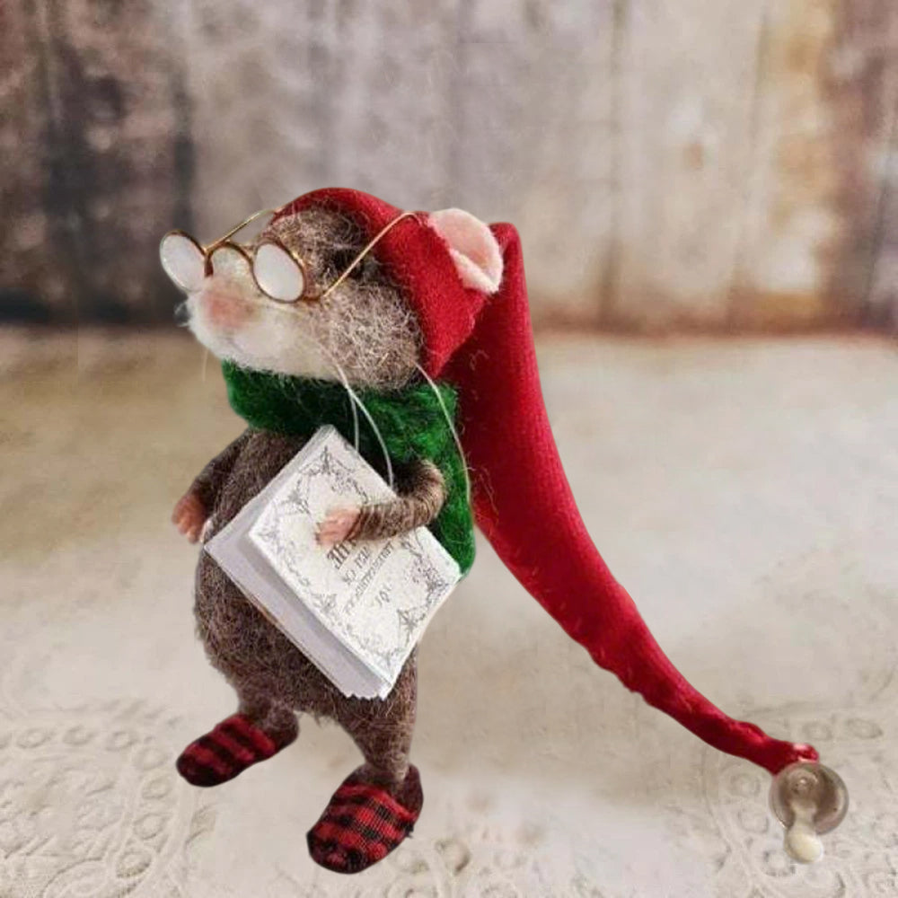 Handmade Needle Felted Christmas Mouse Ornament - Cozy 10cm Felt Animal Doll for Xmas Tree Decor