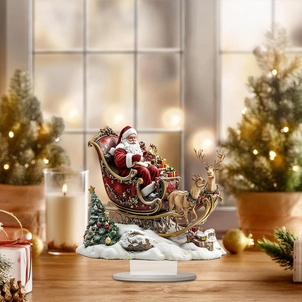 2D Santa Claus & Reindeer Sleigh Acrylic Tabletop Decor - 25x25cm Festive Stand Ornament