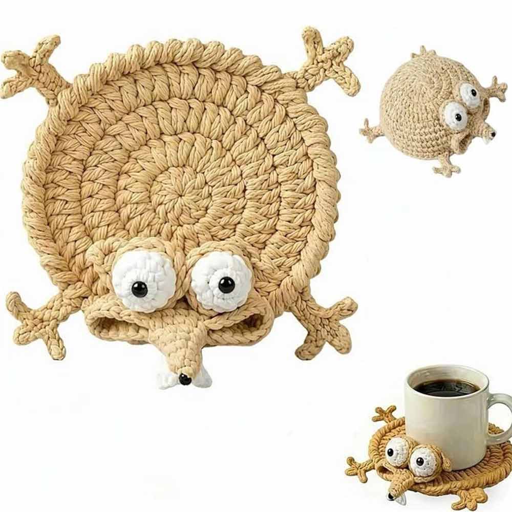 Handmade Crochet 3D Animal Coaster – Cute Knitted Mug Rug, Round Drink Cup Mat