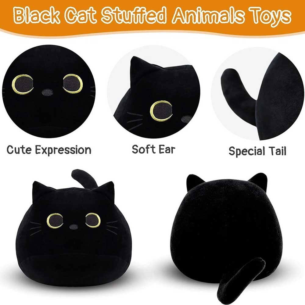 Black Cat Plush 25cm - Cute Soft Stuffed Kitten Toy, Kawaii Plushie Gift