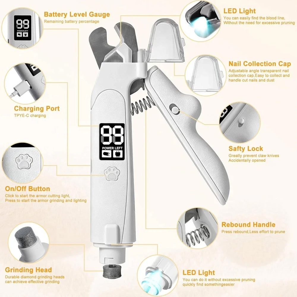 Pet Nail Clipper Grinder 3-in-1 – LED Dog Claw Trimmer, Quiet USB Rechargeable