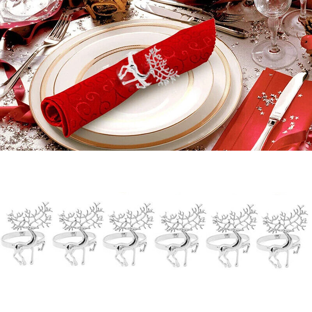 6-Piece Silver Reindeer Napkin Ring Set - Elegant Zinc Alloy Christmas Table Decor