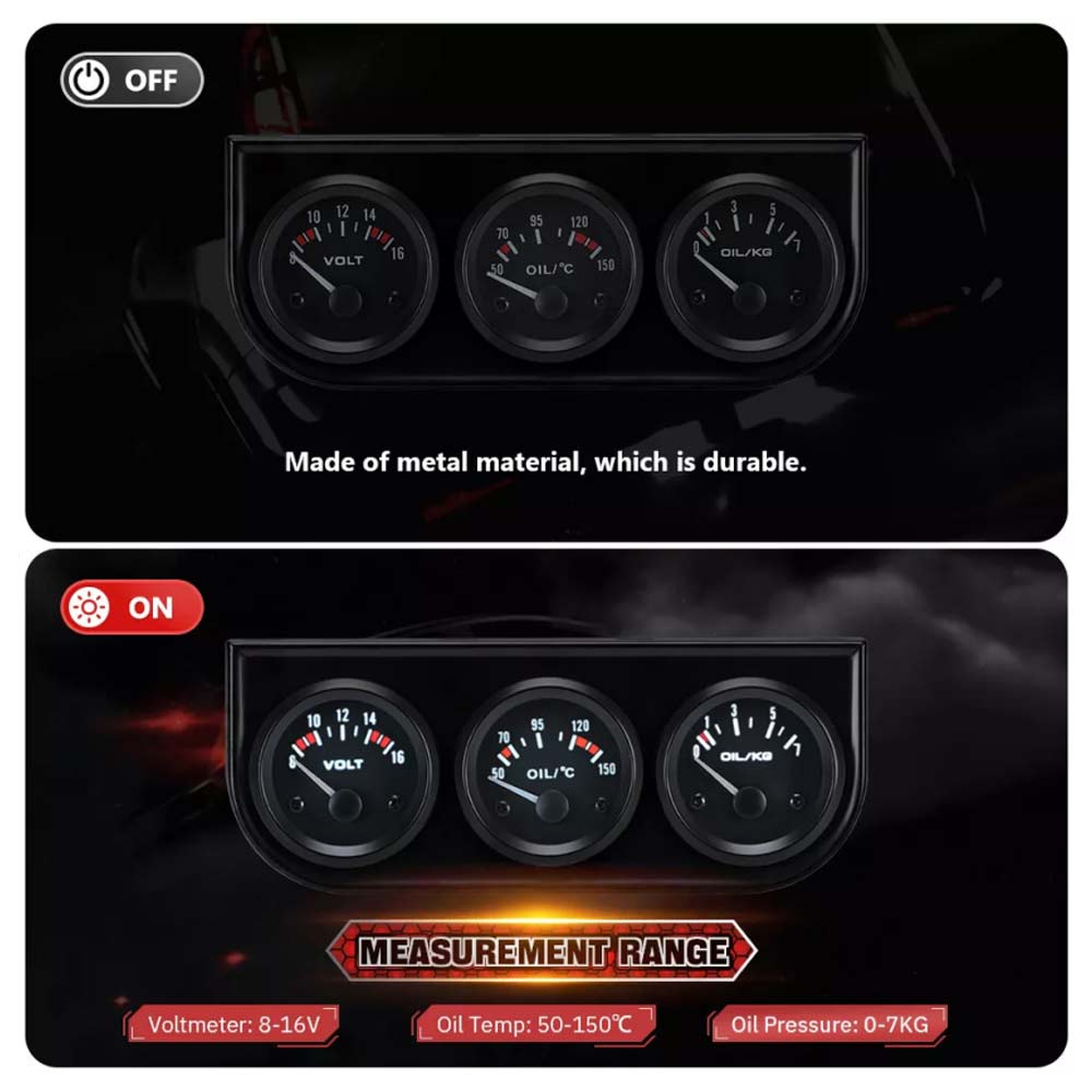 52mm Car Electronic Triple Gauge Kit Oil Pressure + Water + Tem +Voltmeter Meter