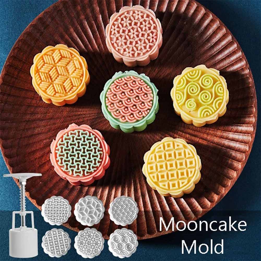 Hand Press Mooncake Mould – 6 Stamp Cookie Cutter for Green Bean Cakes