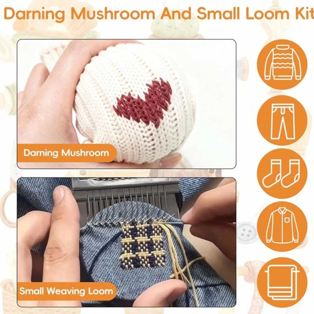 Mini Darning Loom & Mushroom Knit Patch Kit - Handcraft DIY Weaving Repair Tool