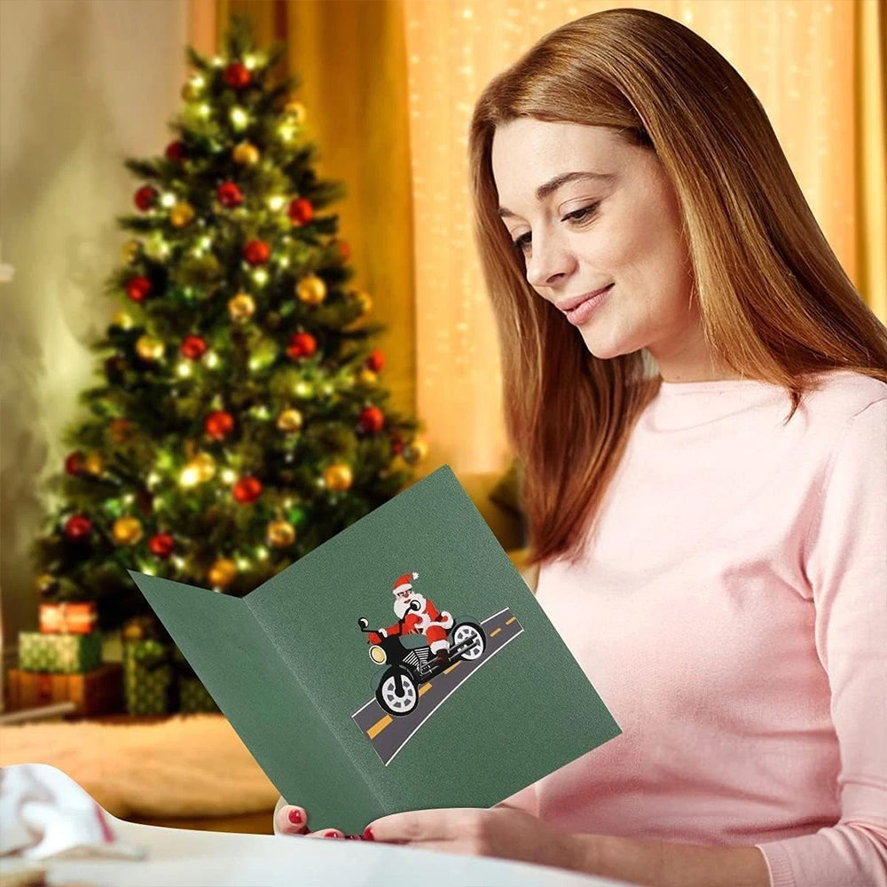 3D Pop-Up Christmas Card - Santa Claus on Motorbike Holiday Greeting Card