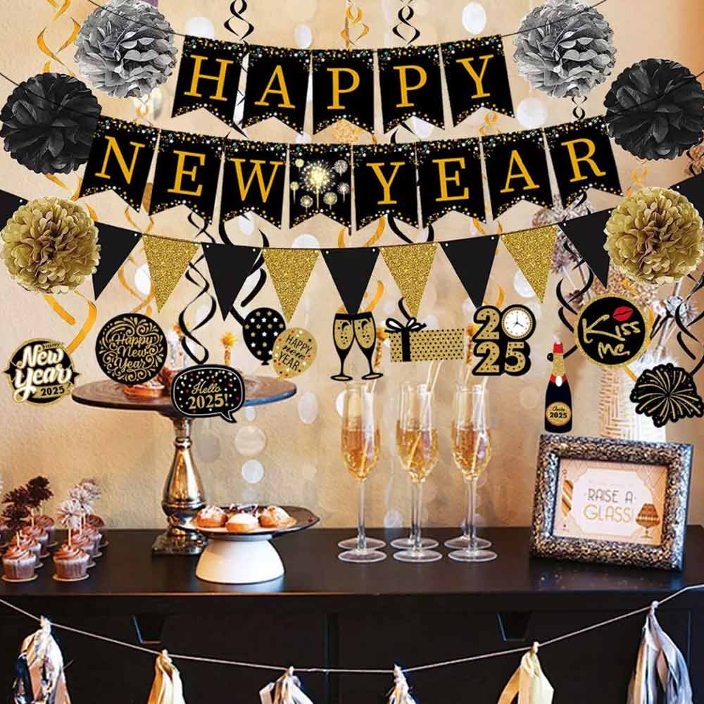 New Years Eve Decorations 2025, 18Pcs Black Gold HAPPY NEW YEAR Party Banner Set