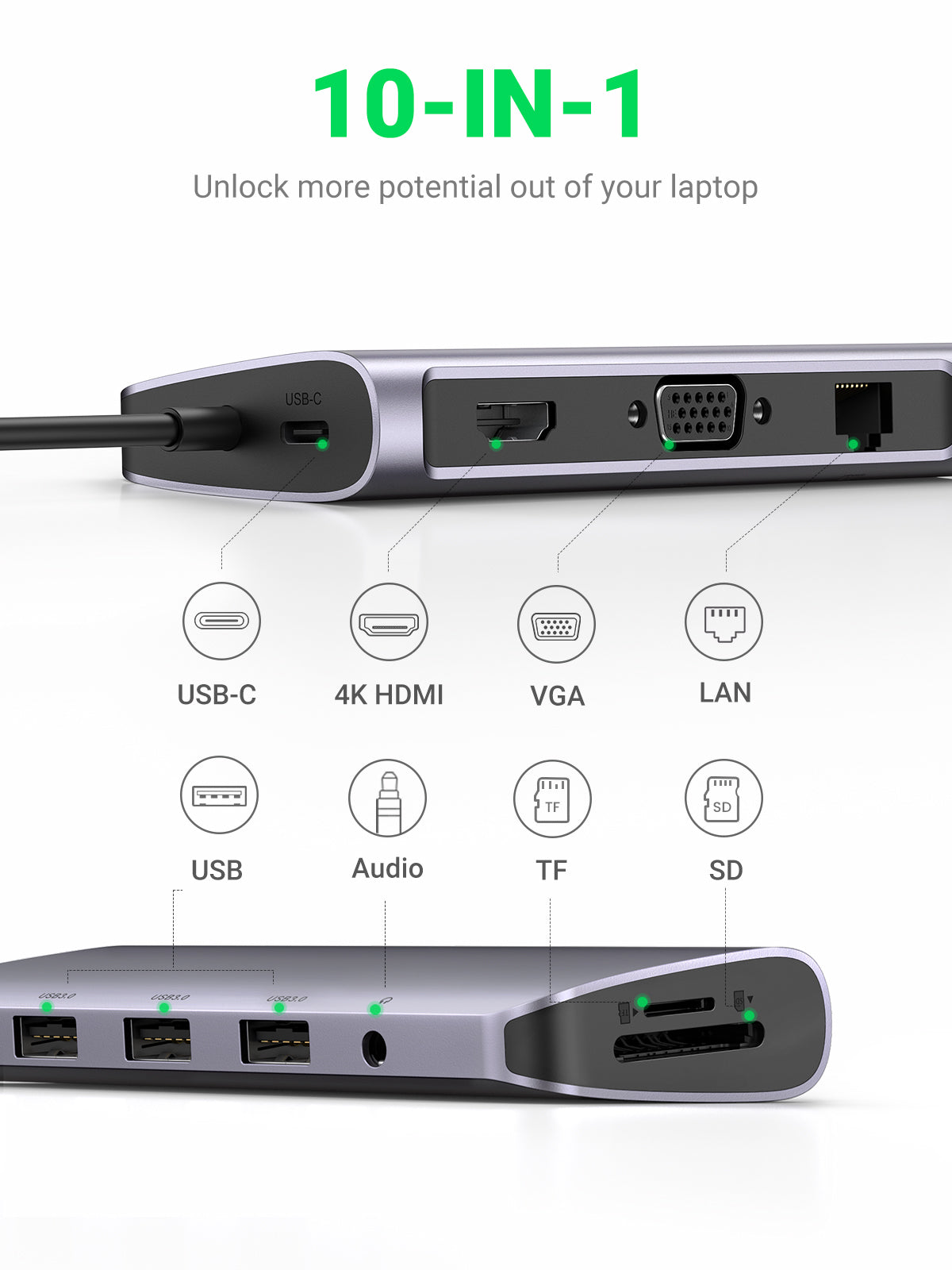 10-in-1 USB-C Adapter – HDMI VGA Ethernet USB 3.0 SD/TF & PD Charging Hub