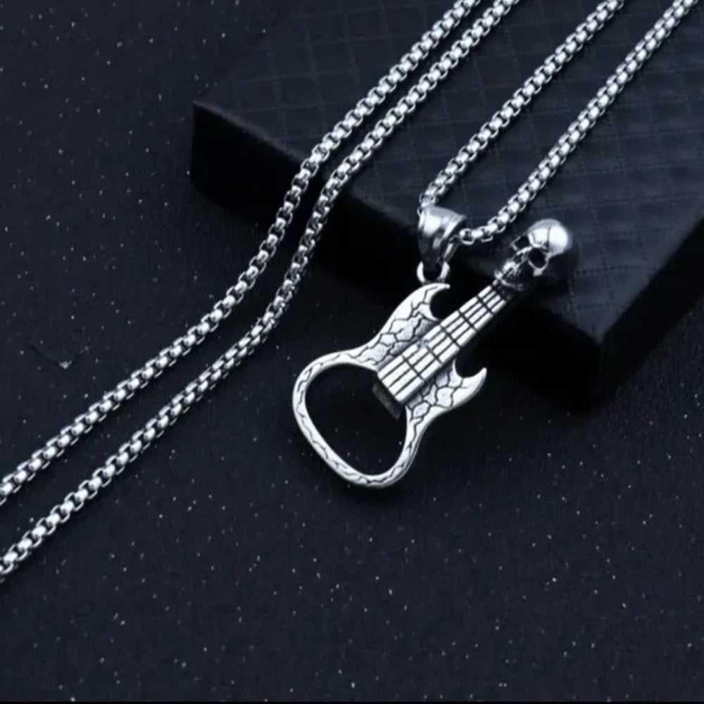 Rock Music Skull & Guitar Pendant Necklace | Stainless Steel Hip Hop Biker Jewelry for Men & Women