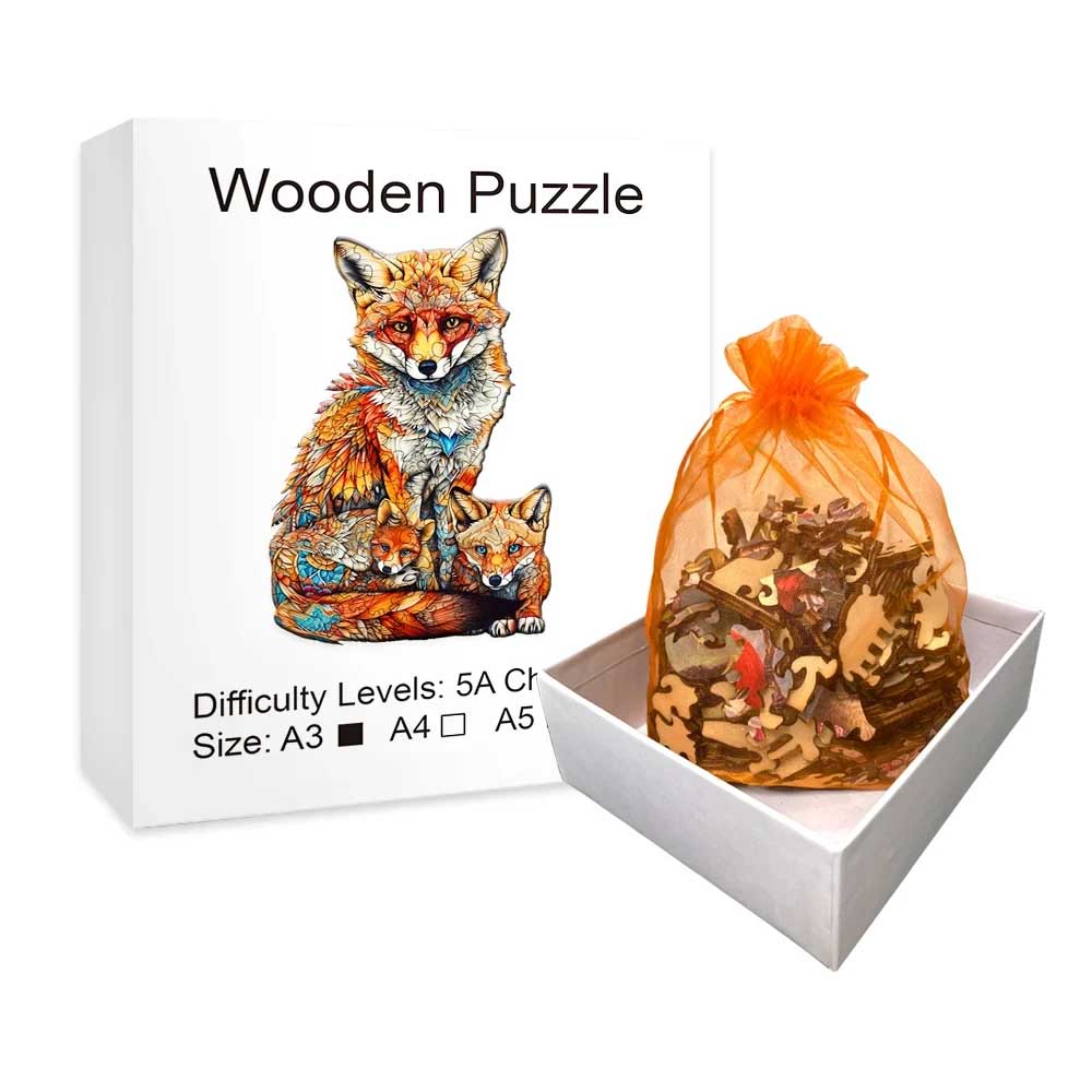 Cozy Fox Family Wooden Jigsaw Puzzle – Creative Animal-Shaped Puzzle Gift for All Ages