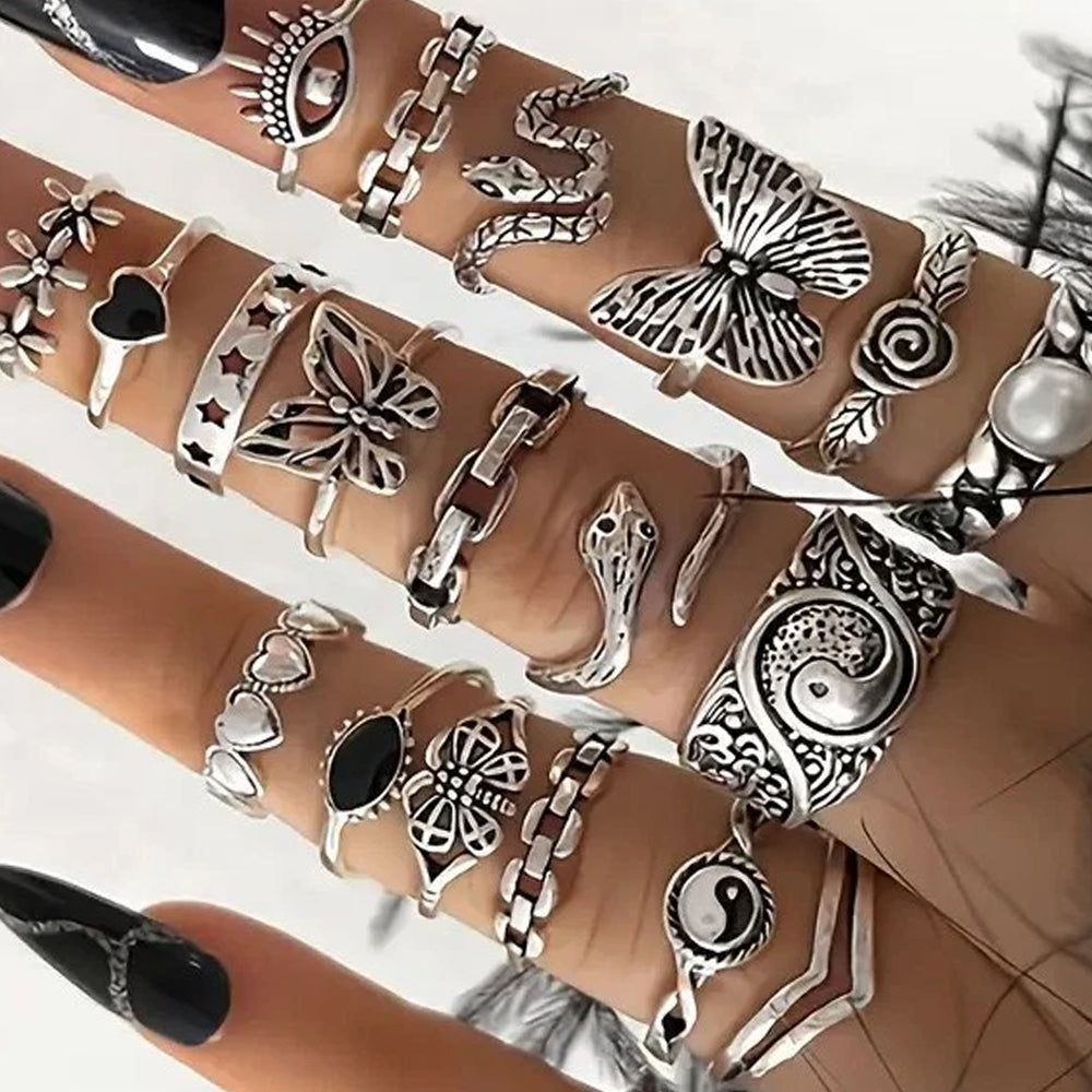 21PCS Stackable Rings – Retro Bohemian Geometric Inlaid Ring Set for Women