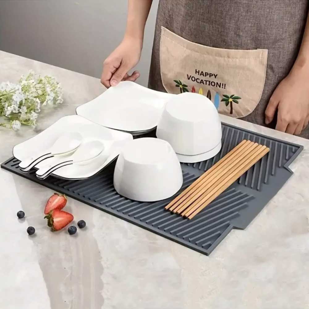 Silicone Dish Draining Mat Kitchen Washing Drainer Tray Drying Pad Grey