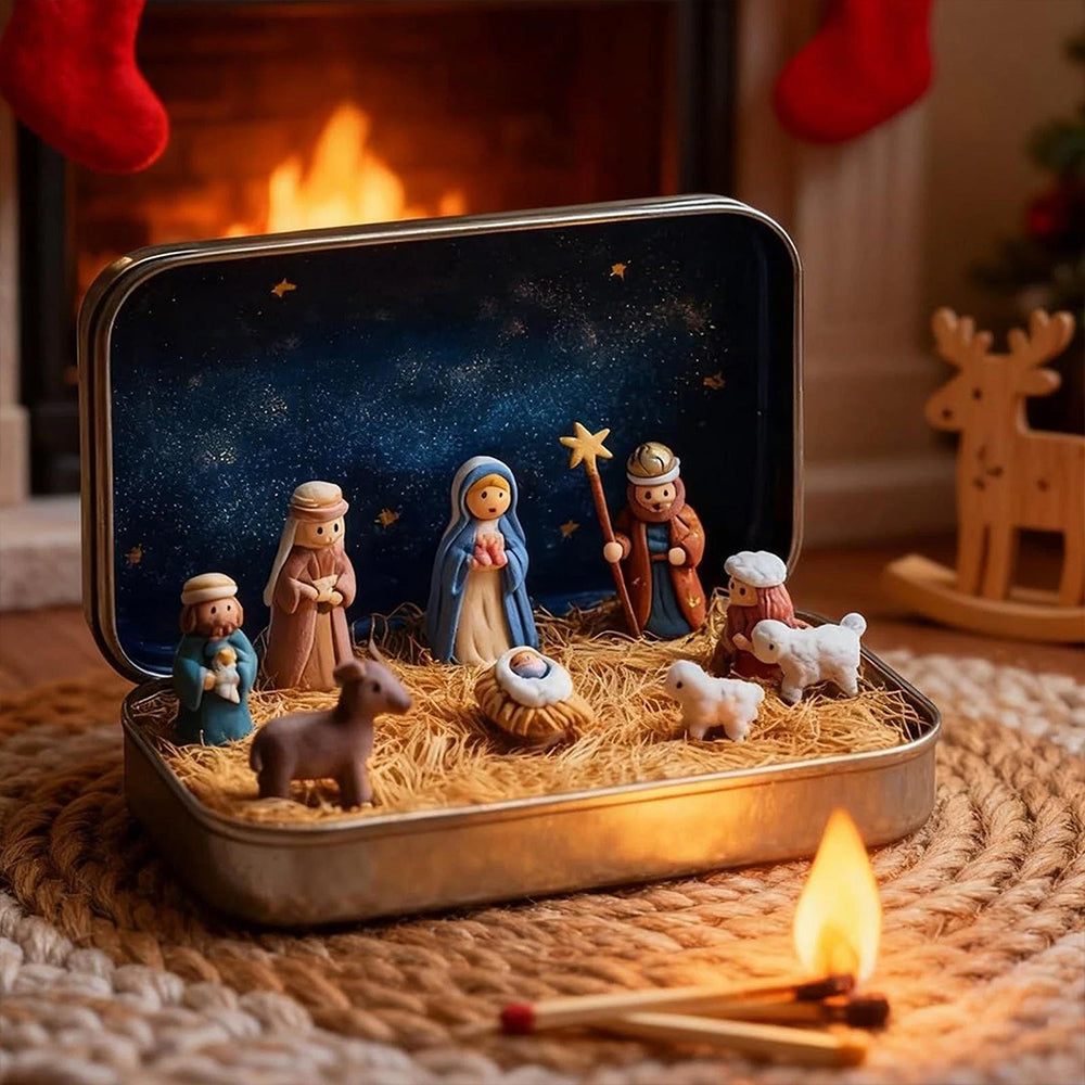 Mini Christmas Nativity Set in Tin Box – Portable 3D Pocket Nativity Scene with Resin Figurines