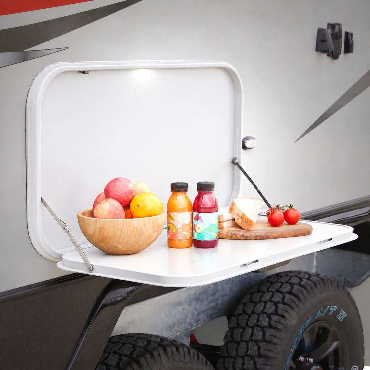 Fold-Down Caravan Table – White RV Picnic Table with LED Light & Backing Plate 900 x 500mm