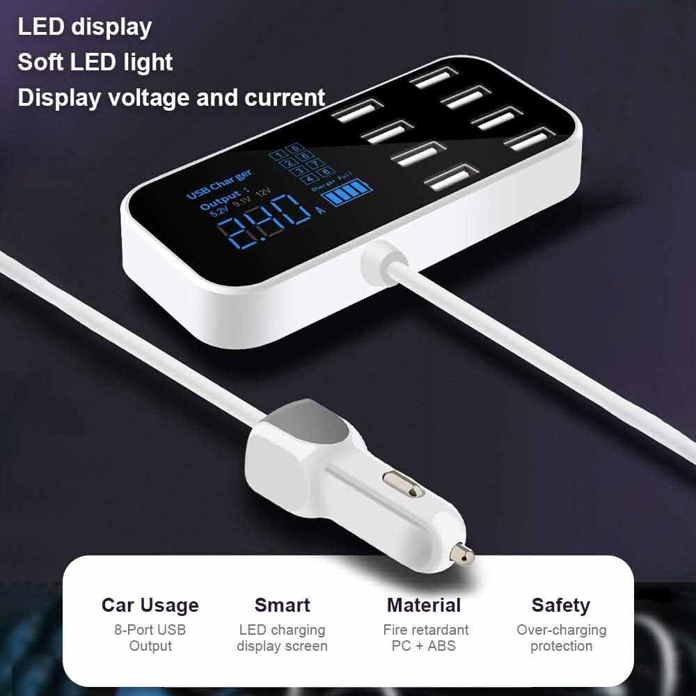 8Port Multi USB Type-C HUB Adapter Car Charger Dock Charging Station LED Display