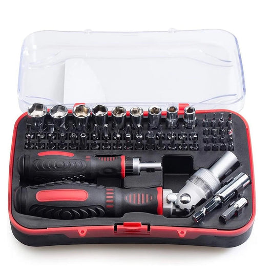 61-Piece Ratchet Screwdriver Set - 1/4" Hex Torx & Socket Kit with Right-Angle Handle